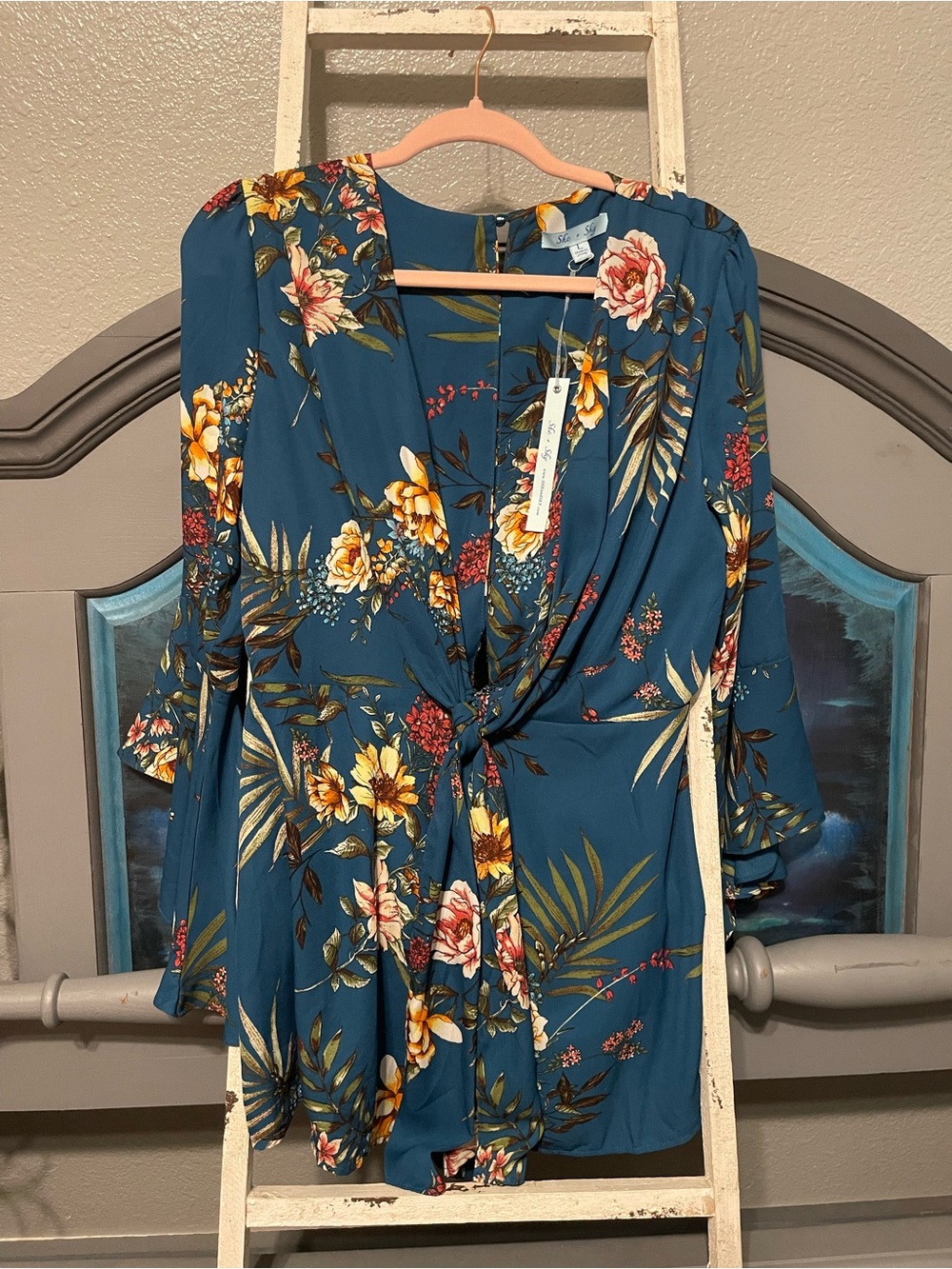 She + Sky Teal Floral Tie-Front Mini Dress